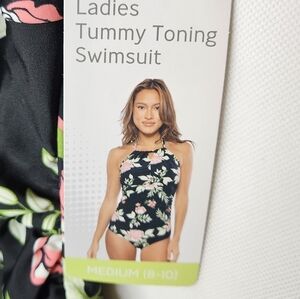 Crane Women's Floral Black Tummy Toning Swimsuit One Piece Size M